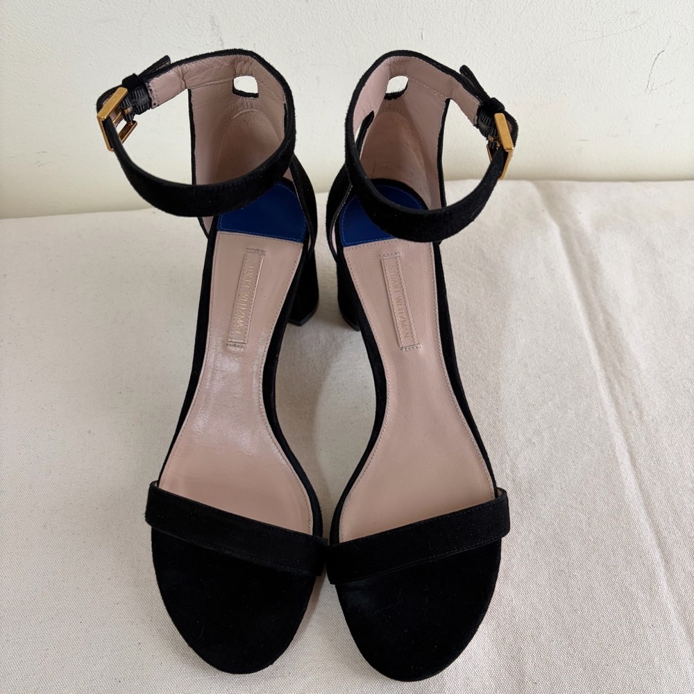 Stuart Weitzman sandals sz 8 Black Suede Ankle-Strap Block Heels - Picture 10 of 11